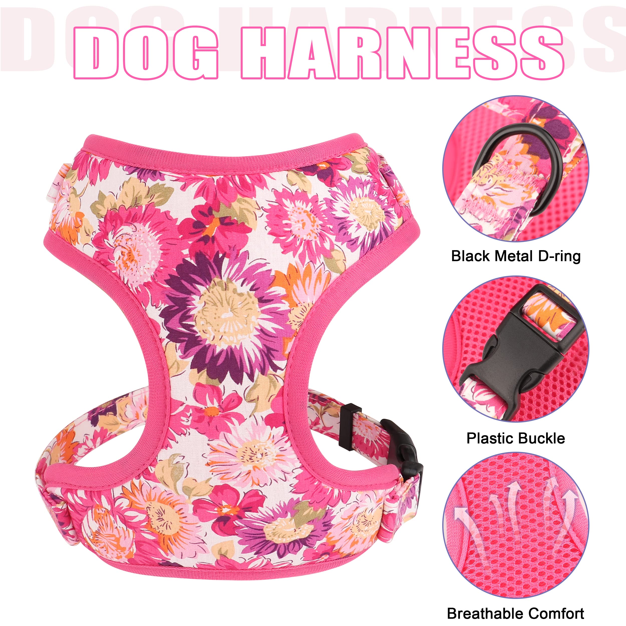 Beirui Cute Girl Dog Collars, Harnesses & Leashes Set - Adjustable Dog Collar And Leash Set With Flower - Soft Mesh Dog Vest Har